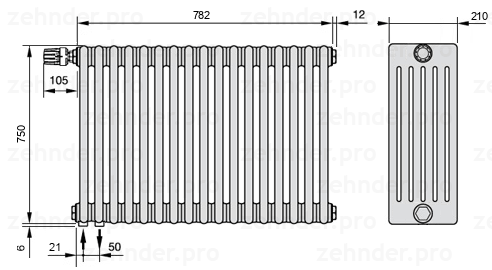 Схема (чертеж) Радиатор Zehnder Charleston 6075/17 №V001 Белый глянцевый RAL 9016